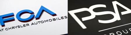(FILES) This file combination of pictures created on October 30, 2019 shows car makers Fiat Chrysler (FCA) (L) and Peugeot Citroen (PSA) logos whose mega-merger will be named Stellantis, the group announced on July 15, 2020. (Photos by Harold CUNNINGHAM and Daniel ROLAND / AFP)